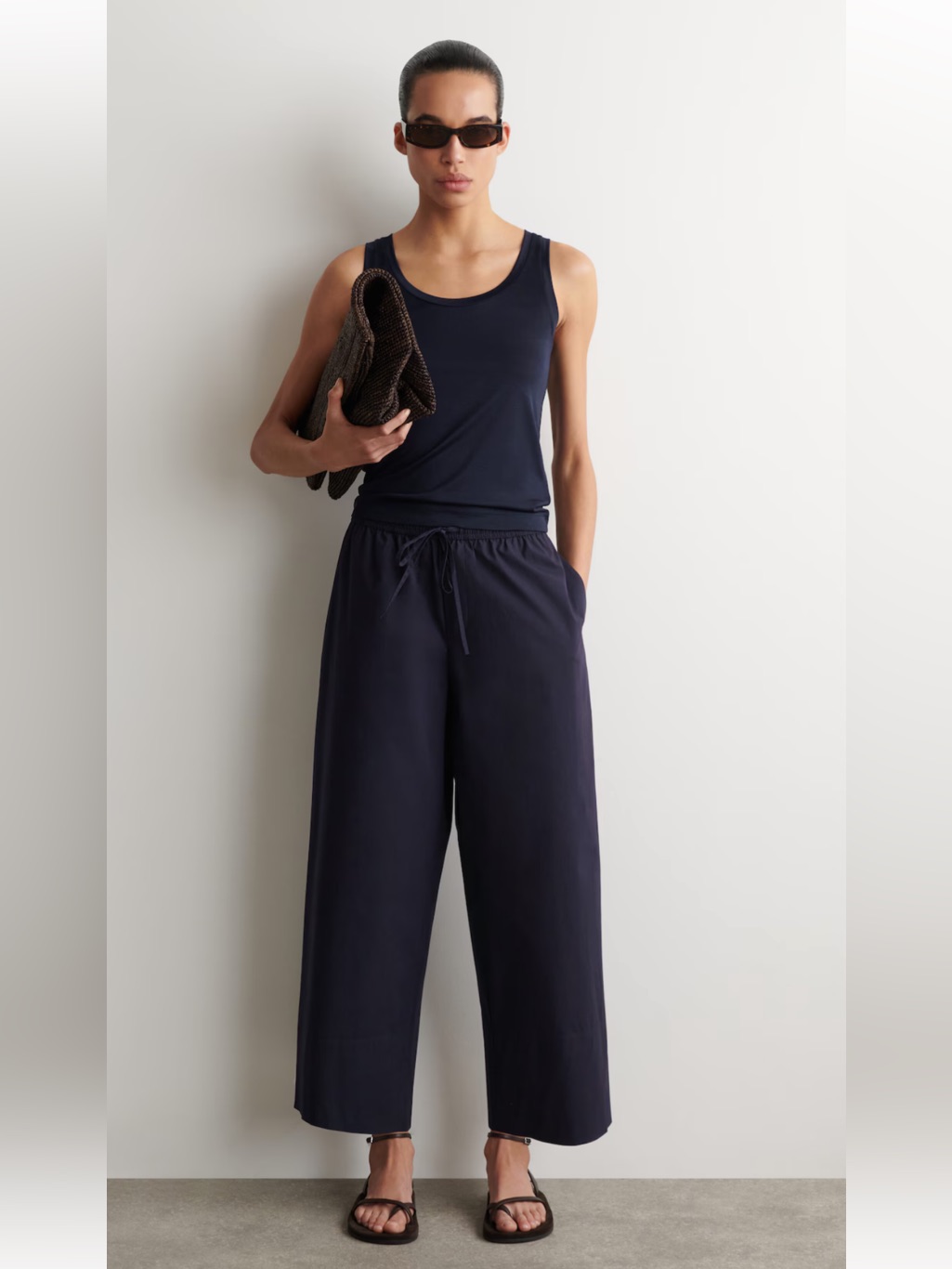 Cos Navy Cotton Linen Drawstring Trousers